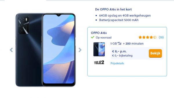 Gratis OPPO A16s smartphone cadeau bij sim-only abonnement van Tele2