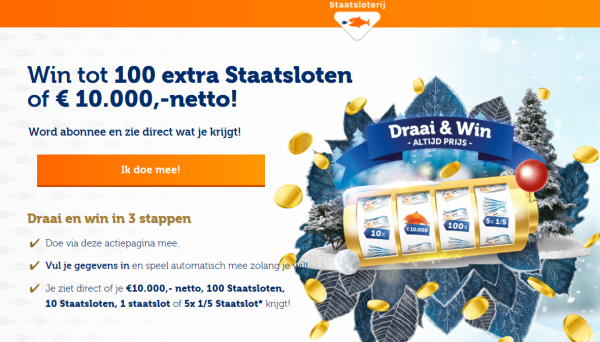 Gratis 5x 1/5 Staatslot cadeau bij meespelen Staatsloterij