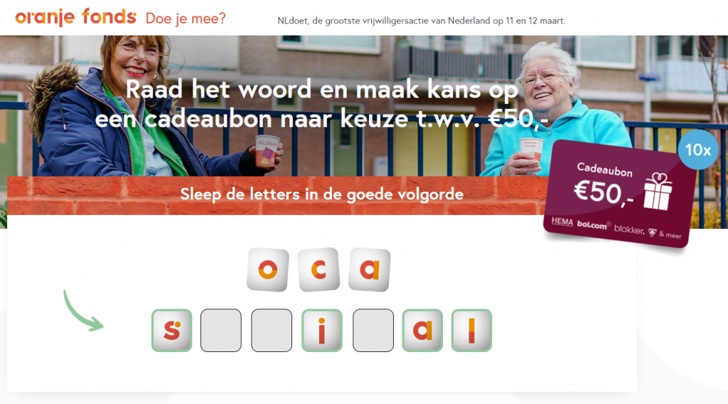 Gratis cadeaubon twv €50 cadeau bij meedoen actie van Oranjefonds