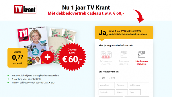 Gratis dekbedovertrek cadeau bij 1 jaar abonnement van TV Krant