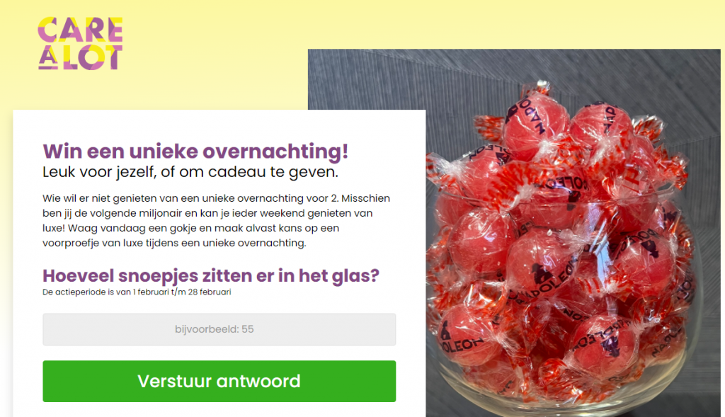 Gratis luxe overnachting winnen bij raad & win van Care a lot