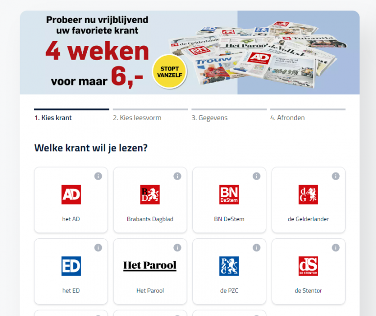 4 weken voor €5 bij proefabonnement krant van Kiosk
