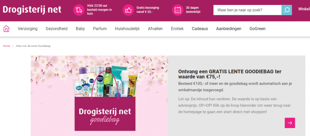 Gratis goodiebag van €75 cadeau bij minimale bestelling €100 van Drogisterij.net