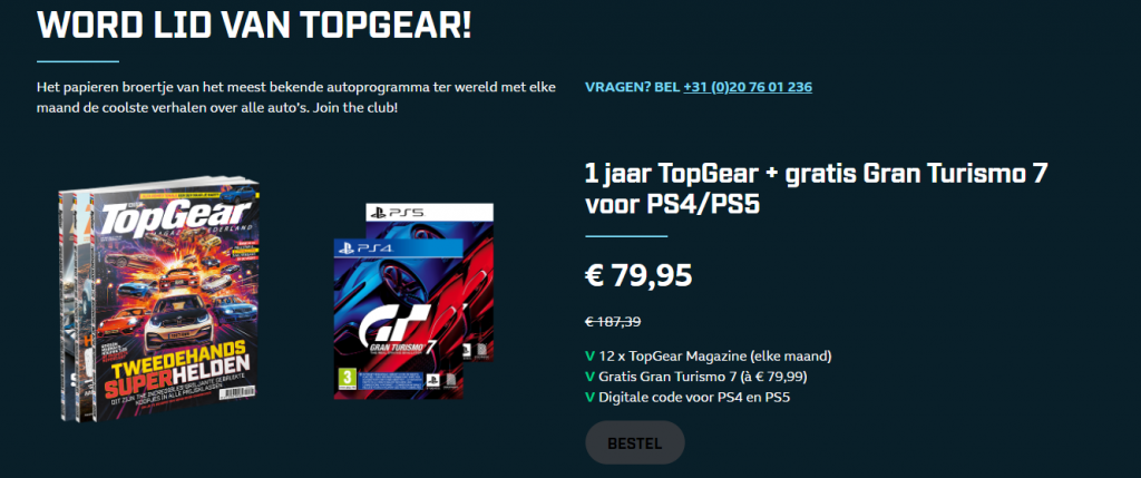 Gratis Gran Turismo 7 voor PS4/PS5 cadeau bij jaar abonnement van TopGear Magazine