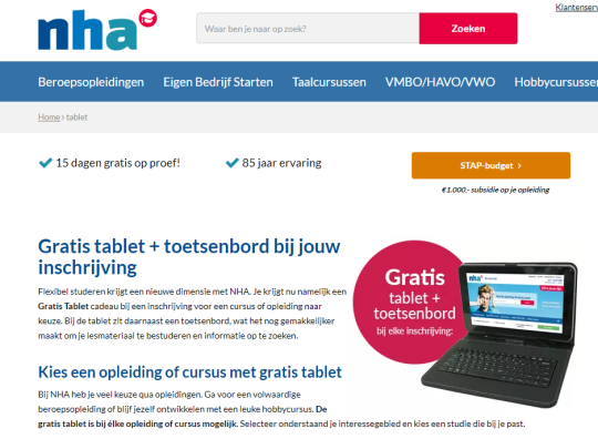 Gratis tablet + toetsenbord cadeau bij inschrijving cursus of opleiding van NHA