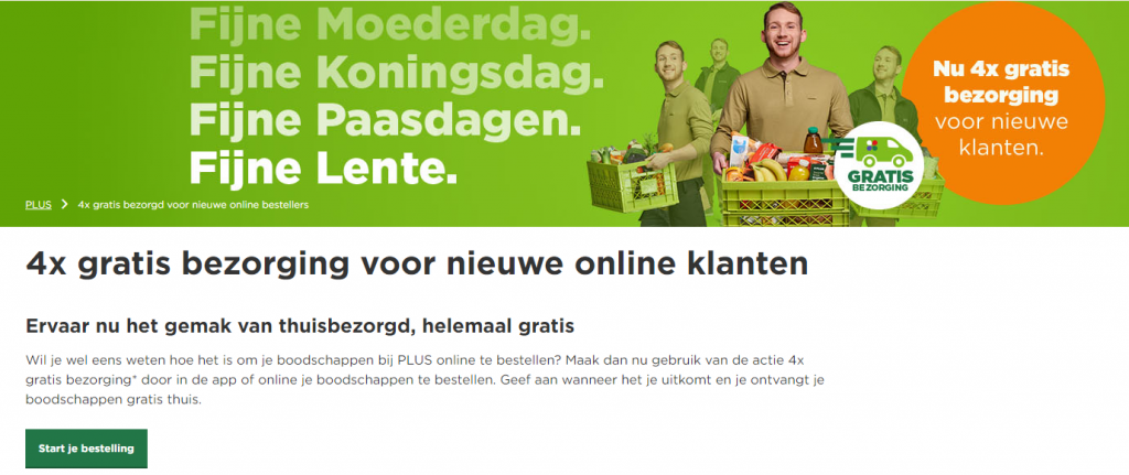 Gratis 4 keer bezorging cadeau bij nieuwe online klanten van Plus