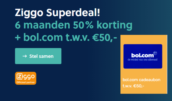 Gratis €50 Bol.com + 6 maanden 50% korting cadeau bij internet en TV van Ziggo