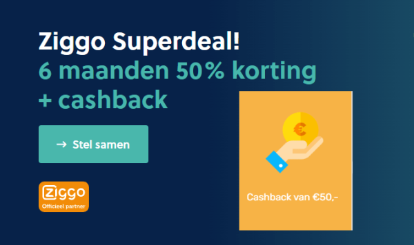 Gratis €50 cashback + 6 maanden 50% korting cadeau bij internet en TV van Ziggo