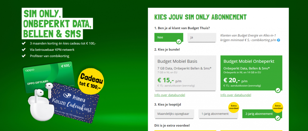 Gratis tot €100 cadeau bij sim only van Budget Mobiel