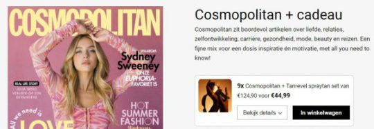 Gratis Tanrevel spraytan set cadeau bij proefabonnement van Cosmopolitan