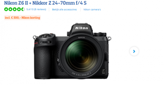 Gratis €300 korting cadeau bij Nikon Z6 II + Nikkor Z 24-70mm van Coolblue