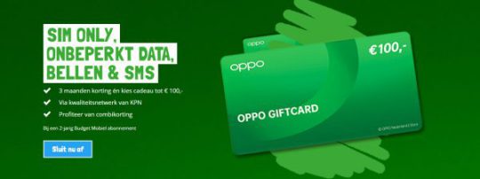 Gratis OPPO-voucher €100 cadeau bij Sim only abonnement van Budget Mobiel
