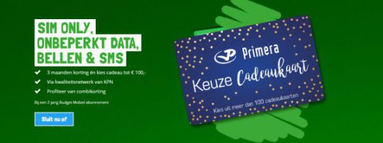 Gratis Primera Keuze Cadeaukaart €40 cadeau bij Sim only abonnement van Budget Mobiel