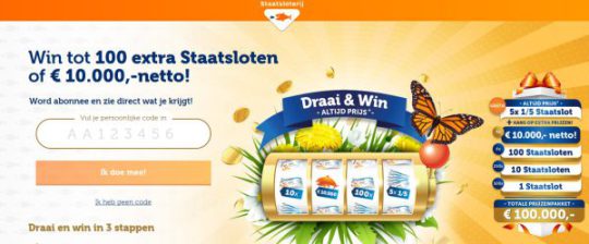 100 extra loten of €10.000 netto cadeau bij Draai en win van Staatsloterij