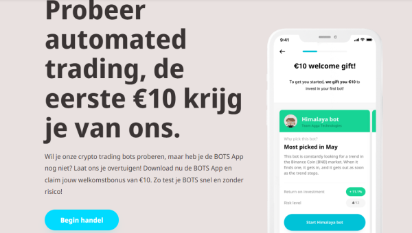Gratis 10€ welkomstbonus cadeau bij crypto trading bots van BOTS App