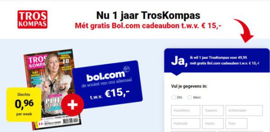 Gratis €15 Bol.com cadeau bij abonnement op TrosKompas