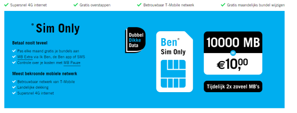 Gratis dubbele data cadeau bij sim only van BEN