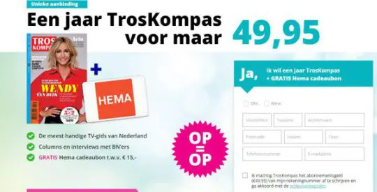 Gratis HEMA cadeaukaart €15 cadeau bij jaarabonnement van TrosKompas