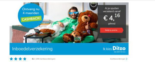 4 maanden cashback cadeau bij inboedelverzekering van Ditzo