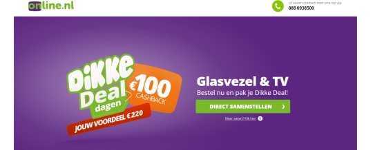 €100 cashback cadeau bij Glasvezel & TV van Online.nl