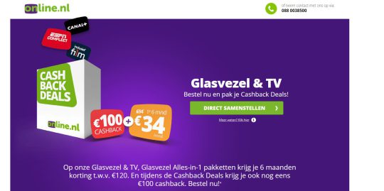 €100 cashback + €120 korting cadeau bij Glasvezel & TV van Online.nl