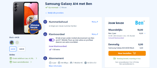 Gratis Samsung Galaxy A14 cadeau bij Ben abonnement van Mobiel.nl