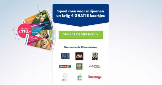 Gratis 4 dierentuin kaartjes naar keuze cadeau bij meespelen van VriendenLoterij