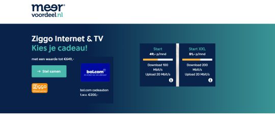 Gratis €200 Bol.com cadeaubon cadeau bij Ziggo Start van Meervoordeel.nl