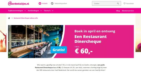 Gratis dinercheque cadeau bij hotelboeking van Voordeeluitjes.nl