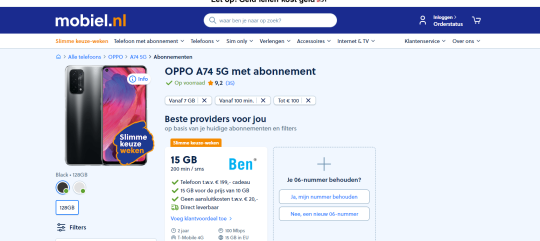 Gratis OPPO A74 5G cadeau bij BEN Sim only van mobiel.nl