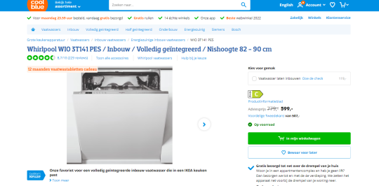 Ontvang 12 maanden vaatwastabletten cadeau bij aankoop van de Whirlpool WIO Inbouw vaatwasser bij Coolblue