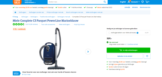 Ontvang 25 euro cashback bij aankoop van de Miele Complete C3 Parquet PowerLine stofzuiger bij Coolblue