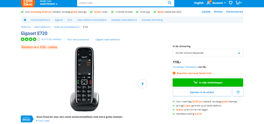 Ontvang een Handset t.w.v. 110 euro bij aankoop van een Gigaset E720 vaste telefoon bij Coolblue