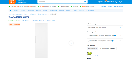 Ontvang nu 100 euro cashback als welkomstcadeau bij aankoop van de Bosch vrieskast bij Coolblue
