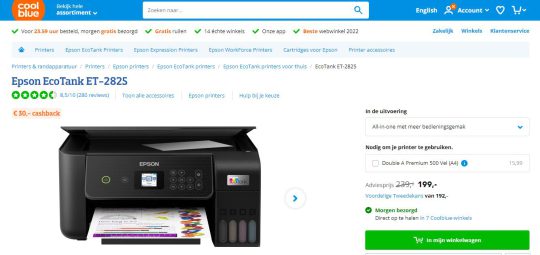 Ontvang een Warm Welkomstcadeau van 30 Euro Cashback bij Aankoop van de Epson EcoTank ET-2825 bij Coolblue