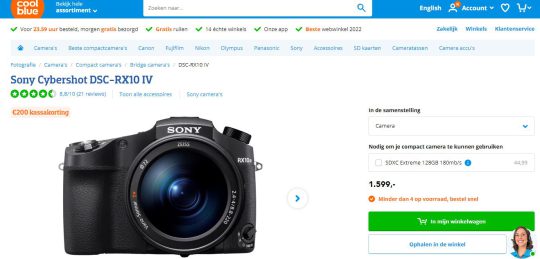 Ontvang 200 euro cashback als welkomstcadeau bij aankoop van de Sony Cybershot bij Coolblue