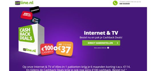 Welkomstcadeau van 100 Euro Cashback bij Online.nl voor Internet & TV