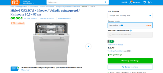 Ontvang 150 Euro Cashback met de Miele G 7272 SC Vi Vaatwasser bij Coolblue