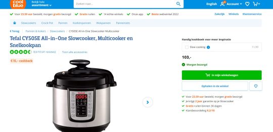 Gratis 15 euro cashback cadeau bij Tefal slowcooker van Coolblue