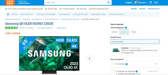 Gratis 150 euro cashback cadeau bij Samsung QD OLED tv van Coolblue