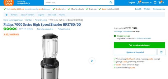 40 euro cashback bij Philips 7000 Series High Speed Blender van Coolblue