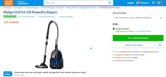 40 euro cashback bij Philips FC9745/09 PowerPro Expert stofzuiger van Coolblue