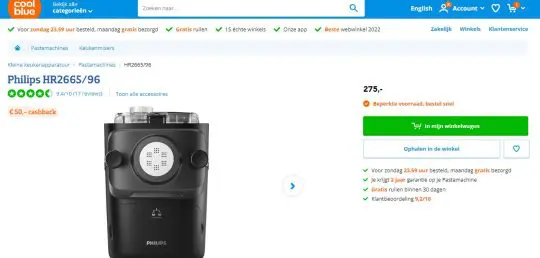 50 euro cashback bij Philips HR2665 pastamachine van Coolblue