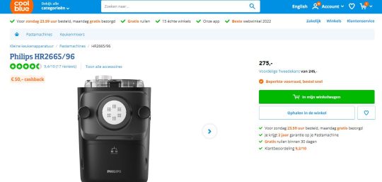 50 euro cashback bij een Philips HR2665 pastamachine van Coolblue