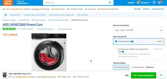 75 euro cashback bij AEG LR86CB86 PowerCare wasmachine van Coolblue