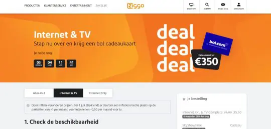 Gratis Bol.com bon cadeau van 350 euro bij Ziggo Internet en TV