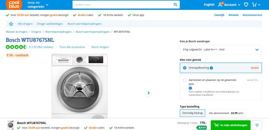 50 euro cashback bij Bosch WTU87675NL Warmtepompdroger van Coolblue