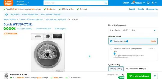 50 euro cashback bij Bosch WTU87675NL Warmtepompdroger van Coolblue