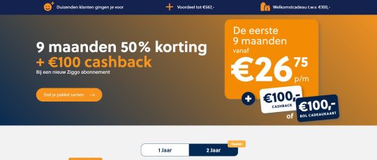 Gratis 100 euro cashback en 50% korting op Ziggo Internet en TV
