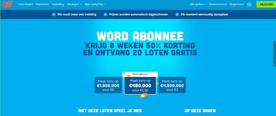 Gratis 20 loten cadeau en 50% korting bij meespelen Lucky Day